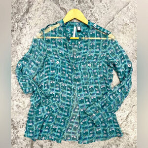 Mango Sheer Patterned Teal blouse top size small 4